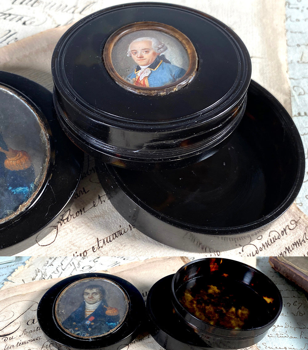 RARE Antique French Double Portrait Miniature Tortoise Shell Snuff Box, Hidden c.1768 Painting, Military