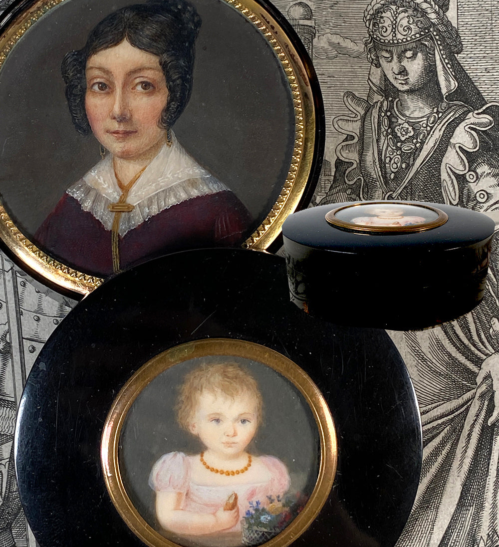 RARE Antique French Portrait Miniature Tortoise Shell Snuff or Patch Box, 2 Paintings, Child and Mother c.1830