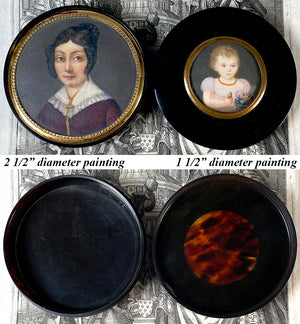 RARE Antique French Portrait Miniature Tortoise Shell Snuff or Patch Box, 2 Paintings, Child and Mother c.1830