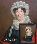 HUGE Antique French Oil Painting Portrait, c.1800 Woman in Lace Bonnet, Red Shawl, Heavy 38" x 34" Wood Frame