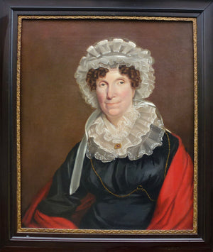 HUGE Antique French Oil Painting Portrait, c.1800 Woman in Lace Bonnet, Red Shawl, Heavy 38" x 34" Wood Frame