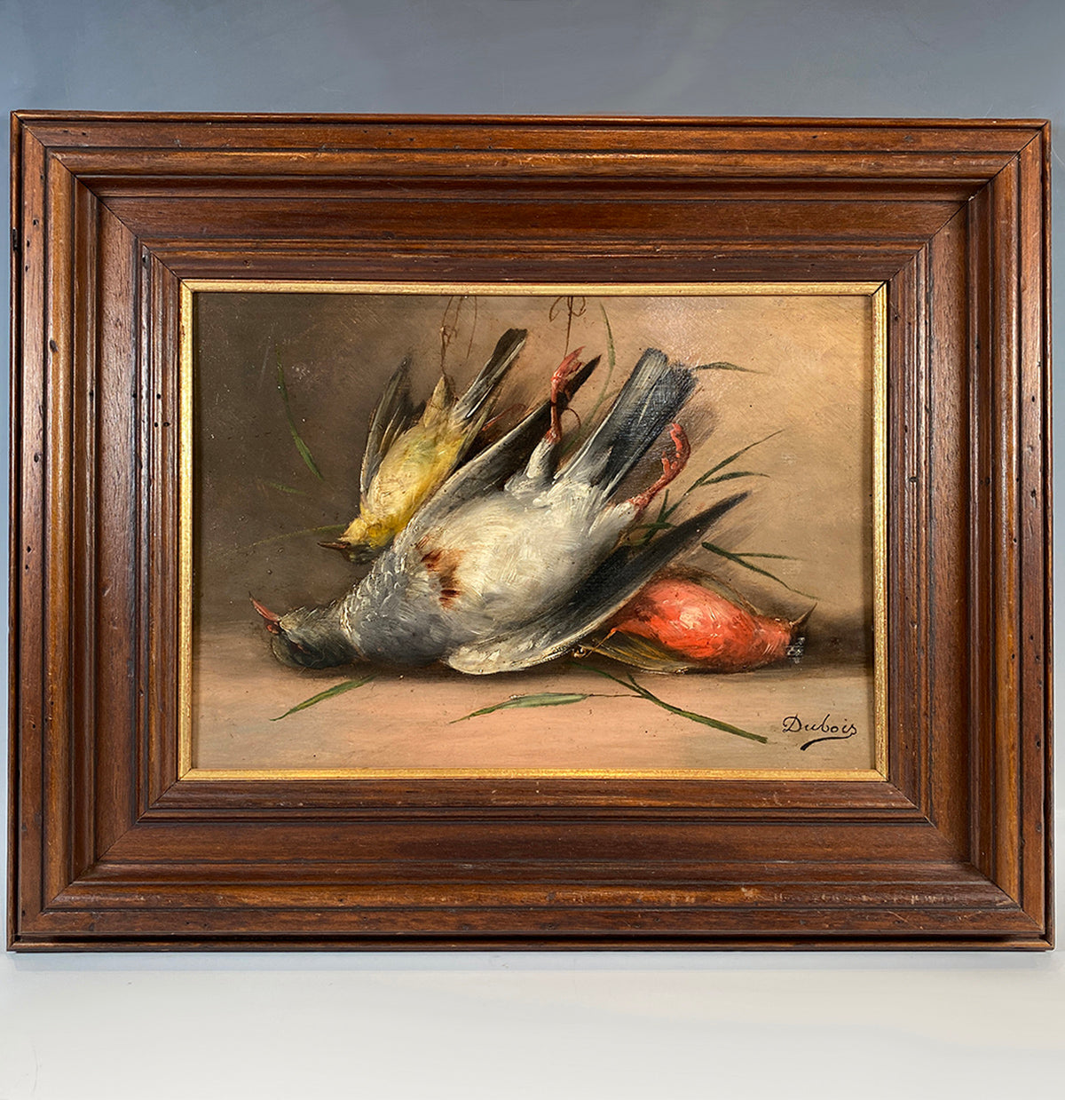 Antique to Vintage French Oil Painting Still Life of Birds "Nature Morte" Theme, Signed by Artist