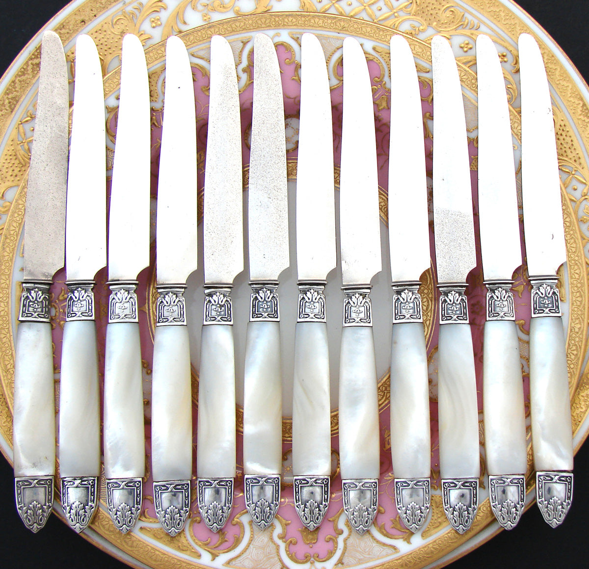 Antique French Hallmarked Silver & Mother of Pearl 12pc Knife Set, Classical Acanthus