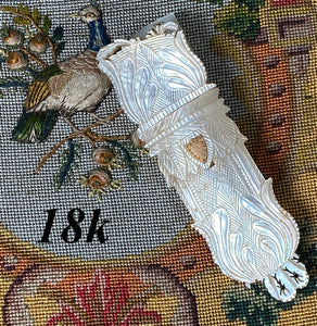 Antique c.1800 French Palais Royal Sewing Needle Case, Mother of Pearl and 18k Gold Trim, Shield