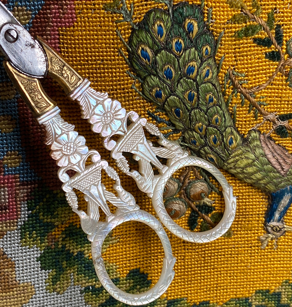 Antique c.1800 French Palais Royal Sewing Embroidery Scissors, Mother of Pearl and 18k Gold Trim, Snake Handles
