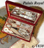 RARE Antique French 18k & Mother of Pearl Palais Royal Sewing Etui, Case, Necessaire Tools, Perfume Bottle