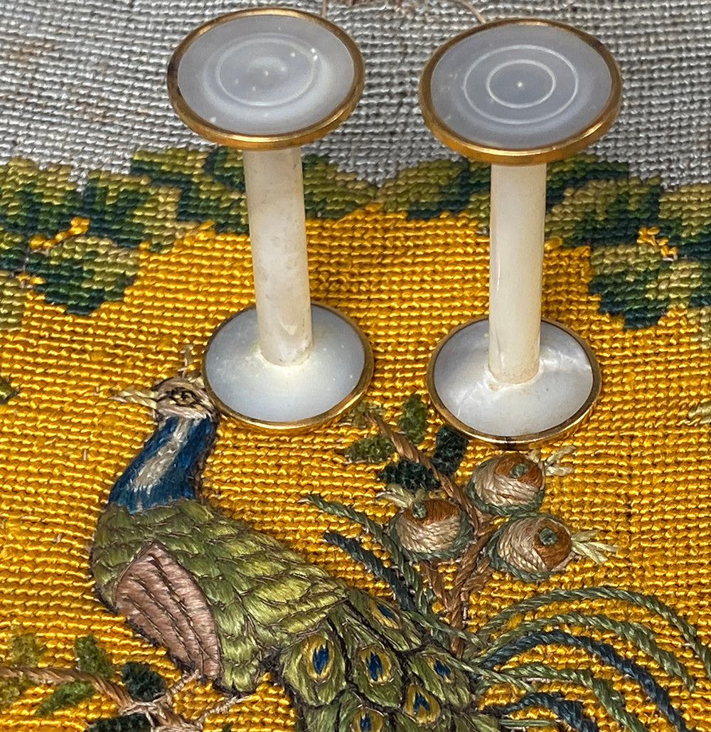 Antique c.1800 French Palais Royal Sewing Thread Spool Pair (2), Mother of Pearl and 18k Gold Trim