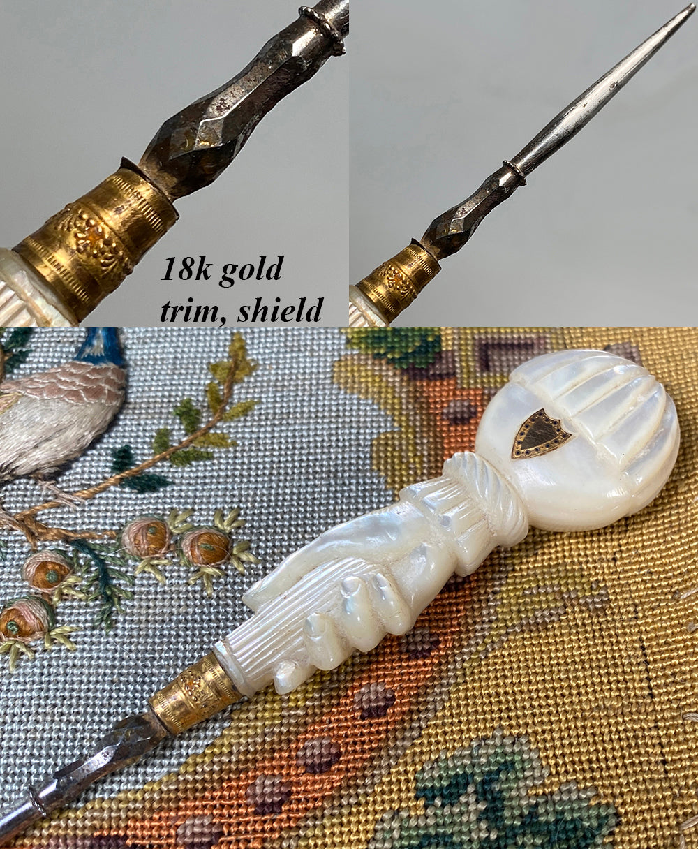 Antique c.1800 French Palais Royal Sewing Stiletto, Mother of Pearl Hand, 18k Gold Trim Shield