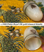 Antique c.1800 French Palais Royal Sewing Thimble, Mother of Pearl and 18k Gold Trim, Shield