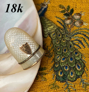 Antique c.1800 French Palais Royal Sewing Thimble, Mother of Pearl and 18k Gold Trim, Shield