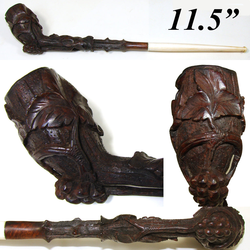 Antique Victorian Era Swiss Black Forest Carved 11 3/8" Tobacco Pipe, Foliate Decoration