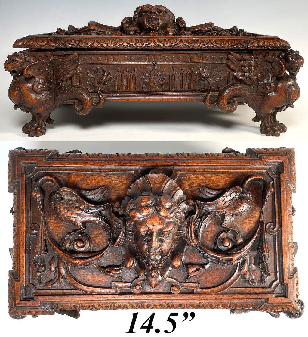 Exceptional Antique Neo-Renaissance Figural 14.5" Box, Coffret, Chest, Griffens and Chimera