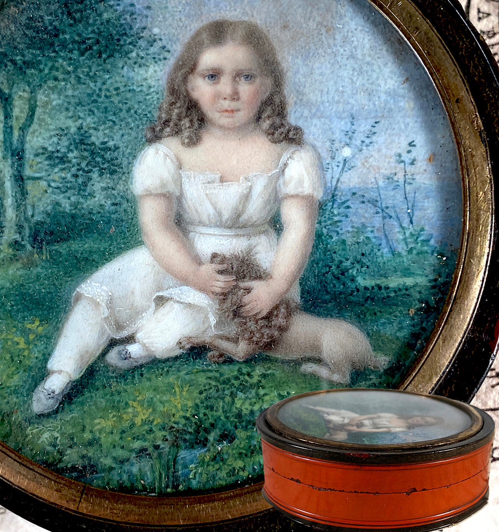 RARE Antique 18th Century French Portrait Miniature Girl and Poodle Dog, Landscape 12k Snuff Box in Vernis Martin