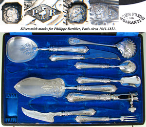 Antique French Sterling Silver 9pc Serving Utensil Set, Ornate Guilloche Style, Orig. Box