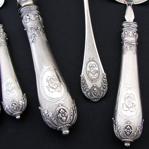 Antique French Sterling Silver 9pc Serving Utensil Set, Ornate Guilloche Style, Orig. Box