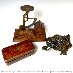 Unique Antique French Champleve Enamel Stamp Box, Dragon Handle, Napoleon III Era