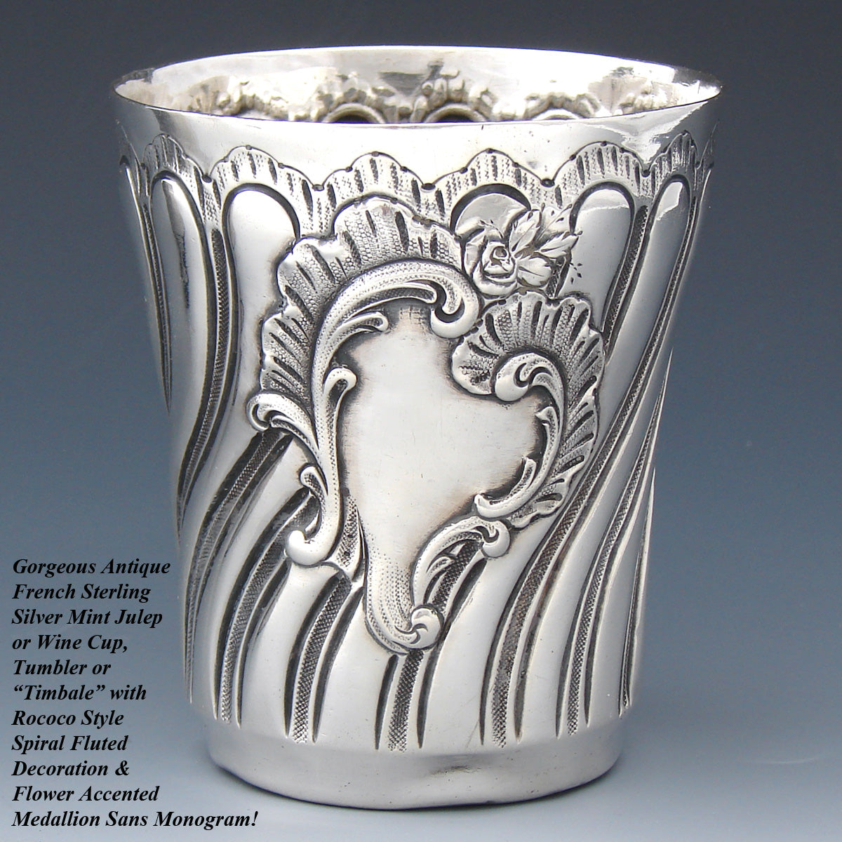 Antique French Sterling Silver Mint Julep or Wine Cup, Tumbler or Timbale, Spiraled Rococo