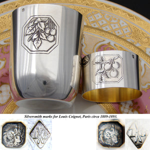 Antique French Sterling Silver Mint Julep or Wine Cup & Napkin Ring Pair, Original Box