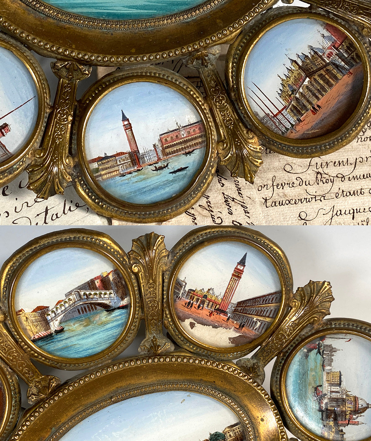 Antique French Eglomise 10" Calling Card Tray, 9 Views of Venice Grand Tour Souvenir