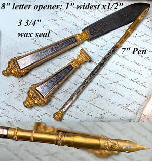 Antique French Niello Dip Pen, Wax Seal and Letter Opener Page Turner c.1810, Engraved