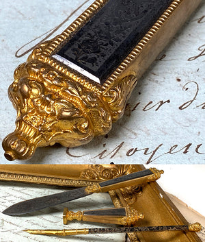 Antique French Niello Dip Pen, Wax Seal and Letter Opener Page Turner c.1810, Engraved