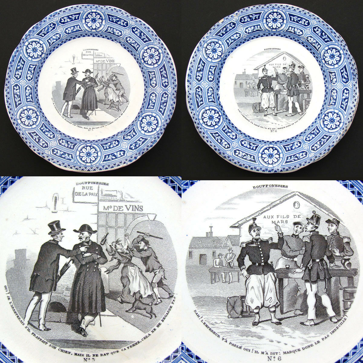 Antique French Gien Faience 5pc Cabinet Plate Set, "Bouffoneries" Figural Scenes