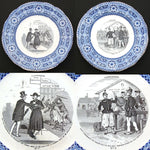 Antique French Gien Faience 5pc Cabinet Plate Set, "Bouffoneries" Figural Scenes