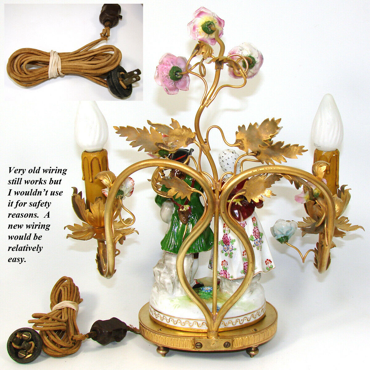 Antique Gilt Bronze 2-Branch Boudoir Lamp, Porcelain Flowers & Dresden Figures