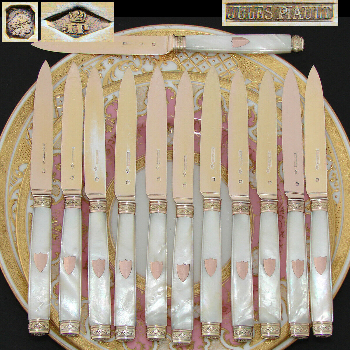 RARE 60pc Set Antique French Vermeil 18k Gold on Sterling Silver Flatware Set, Ornate