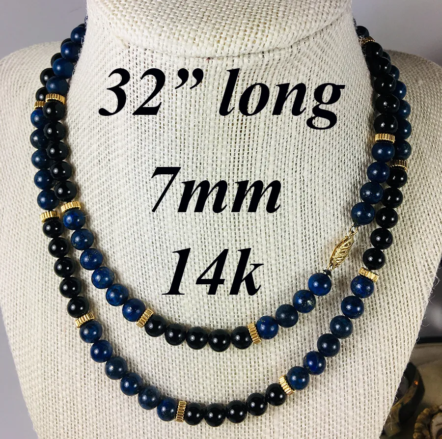 Vintage Hand Carved Lapis Lazuli and Jet Bead Necklace 32" Long, 14k Gold, Too