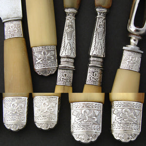 Antique French Empire Style 27pc Dinner Knife Set, Genuine Horn & Silver Handles