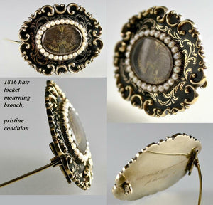 Early Victorian 12K Gold Mourning Brooch, Antique Seed Pearls, Enamel & Hair Art