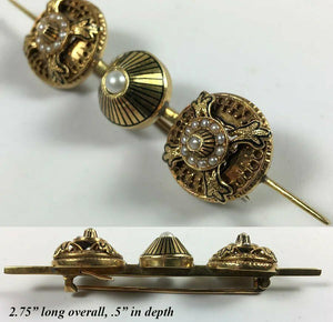 Fine Antique Victorian Mourning Brooch, Tie Bar, 18k Gold, Seed Pearl, Enamel