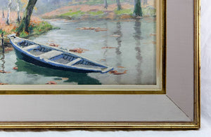 Vintage Watercolor Painting in Frame, Serenity - Lake Pastoral with Boat