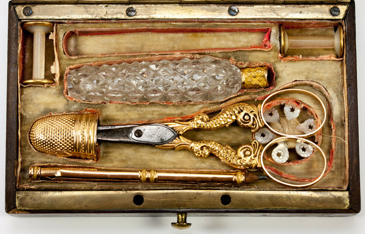 Antique French Palais Royal 18k Gold Sewing Set, Etui, Thimble, Scissors, Scent+