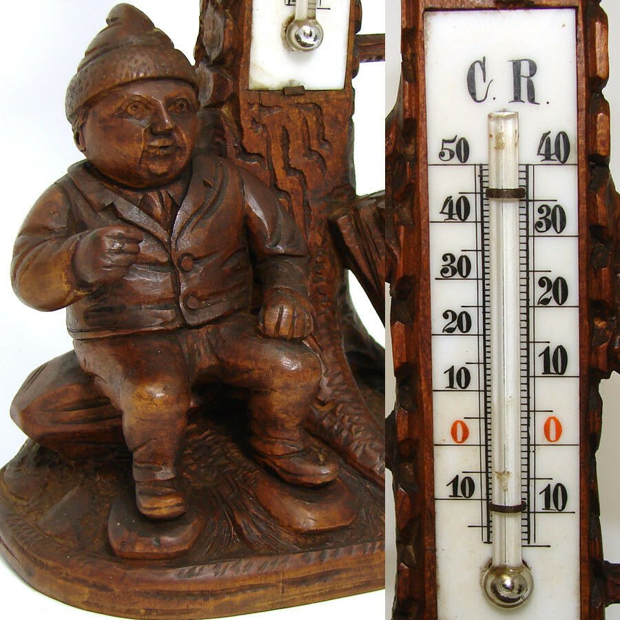 Antique Black Forest Hand Carved Gnome 8" Thermometer Stand, a Charming Gnome