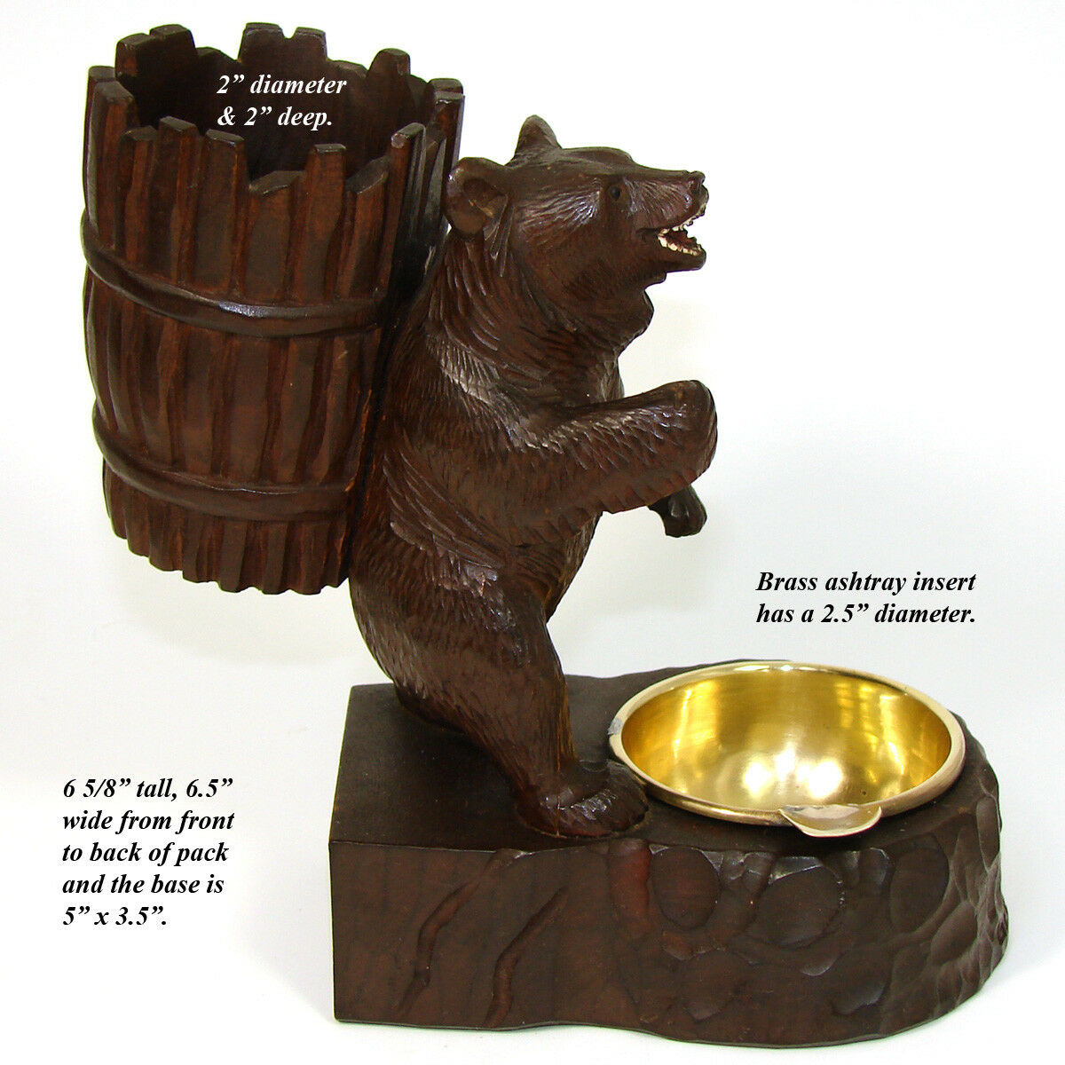 Antique Black Forest Carved Smoker's Stand, Hiking Bear with Pack, Brass Ashtray