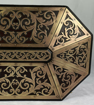 Antique French Boulle Jewelry Box, Casket, 10.25" Octagonal Brass on Walnut