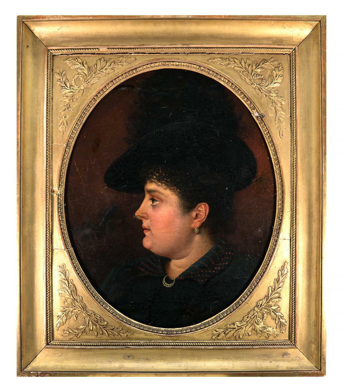 Antique French Oil Painting, Portrait of Woman c.1840s, Fine Frame, Jewelry, Hat