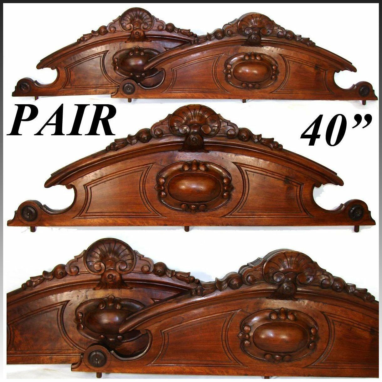 PAIR Antique Victorian Carved Walnut 40" Furniture or Architectural Cornices