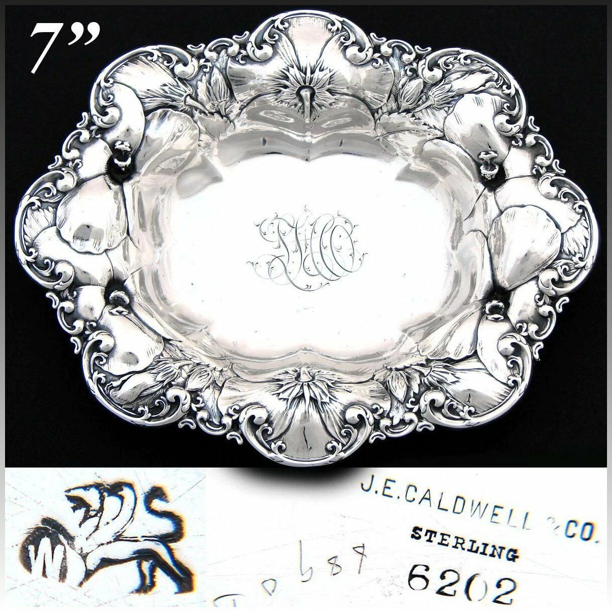 Antique Whiting Gorham Sterling Silver7" Bowl, Floral Bas Relief, J.E. Caldwell