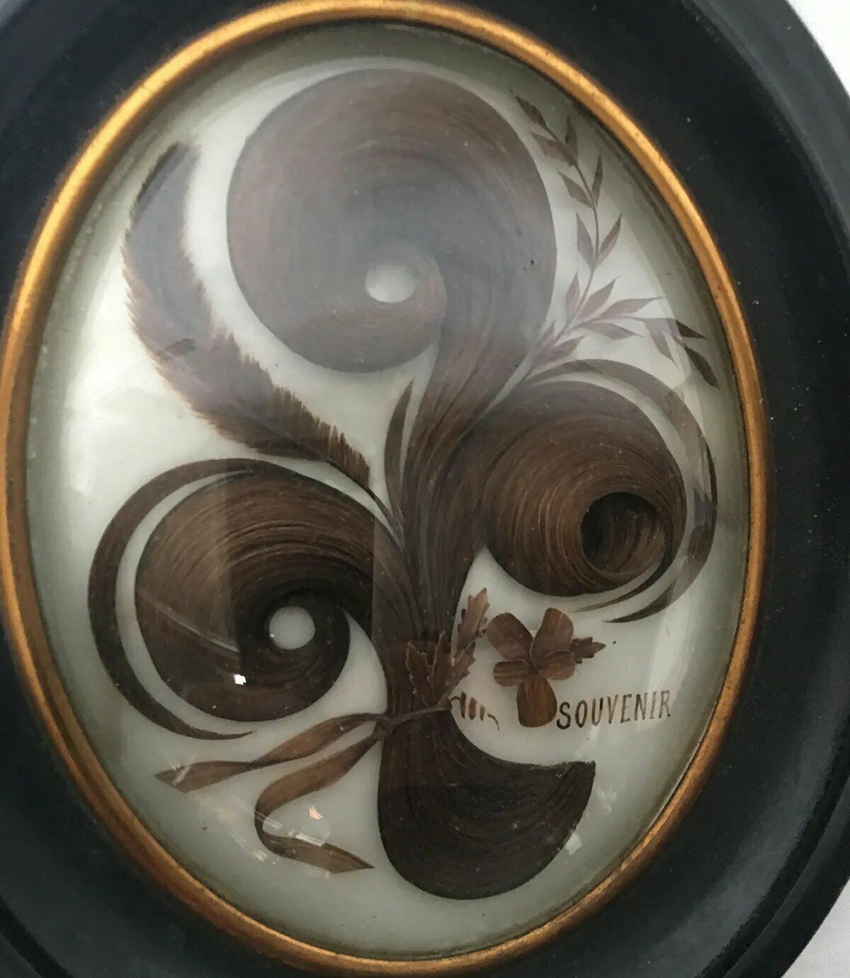 Antique French Hair Art Memento, Mourning Icon, in 8.5" x 7" Oval Wood Frame