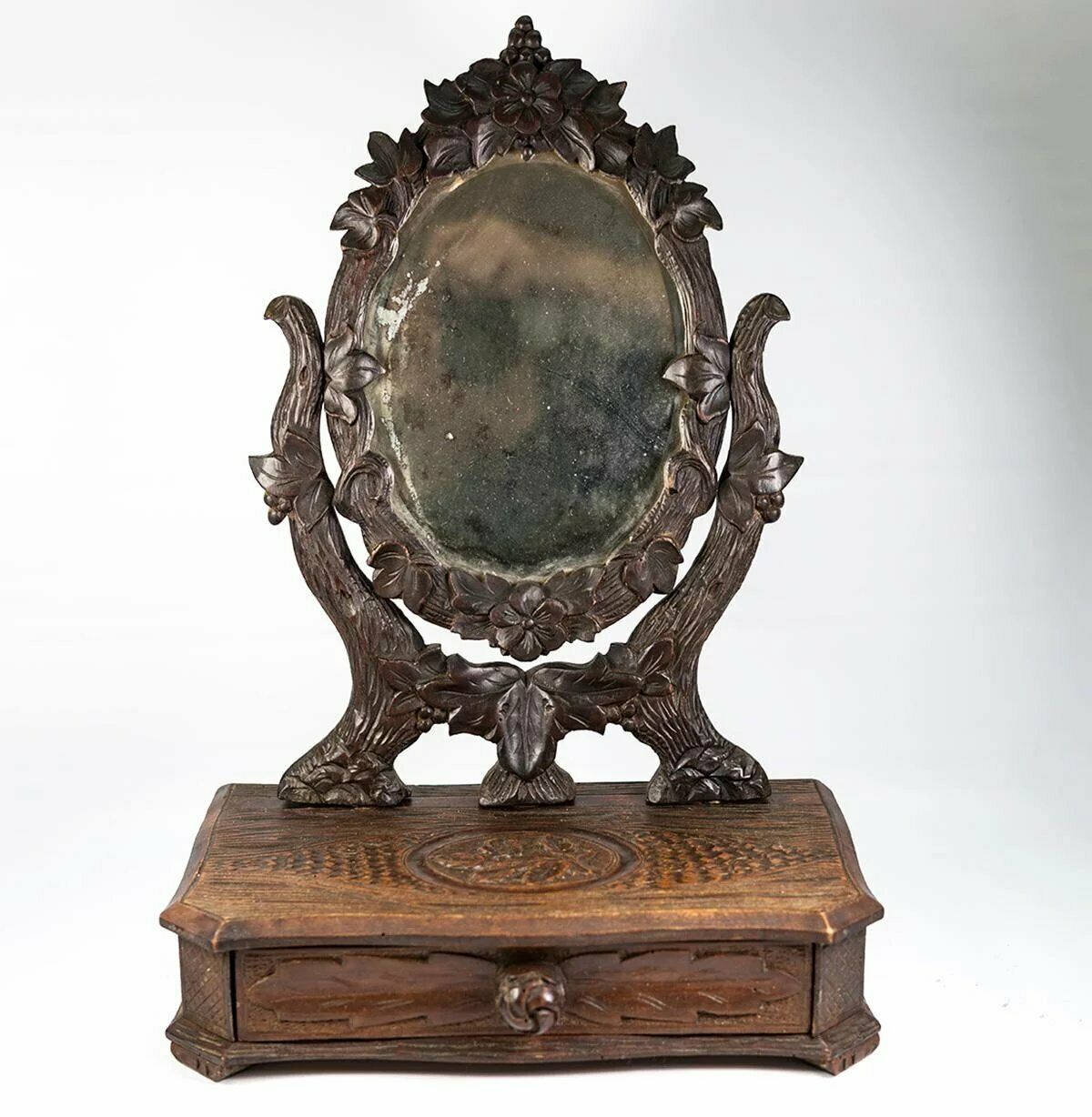 Antique HC Black Forest 17.5" Tall Vanity Stand, Mirror & Drawer (12")