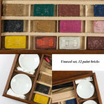 Antique French Watercolor Paint Box, 12 Unused Aquarelle Paint Blocks, 4 Ceramic