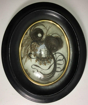 Antique French Hair Art Memento, Mourning Icon w Tomb, in 8" x 6.5" Oval Frame