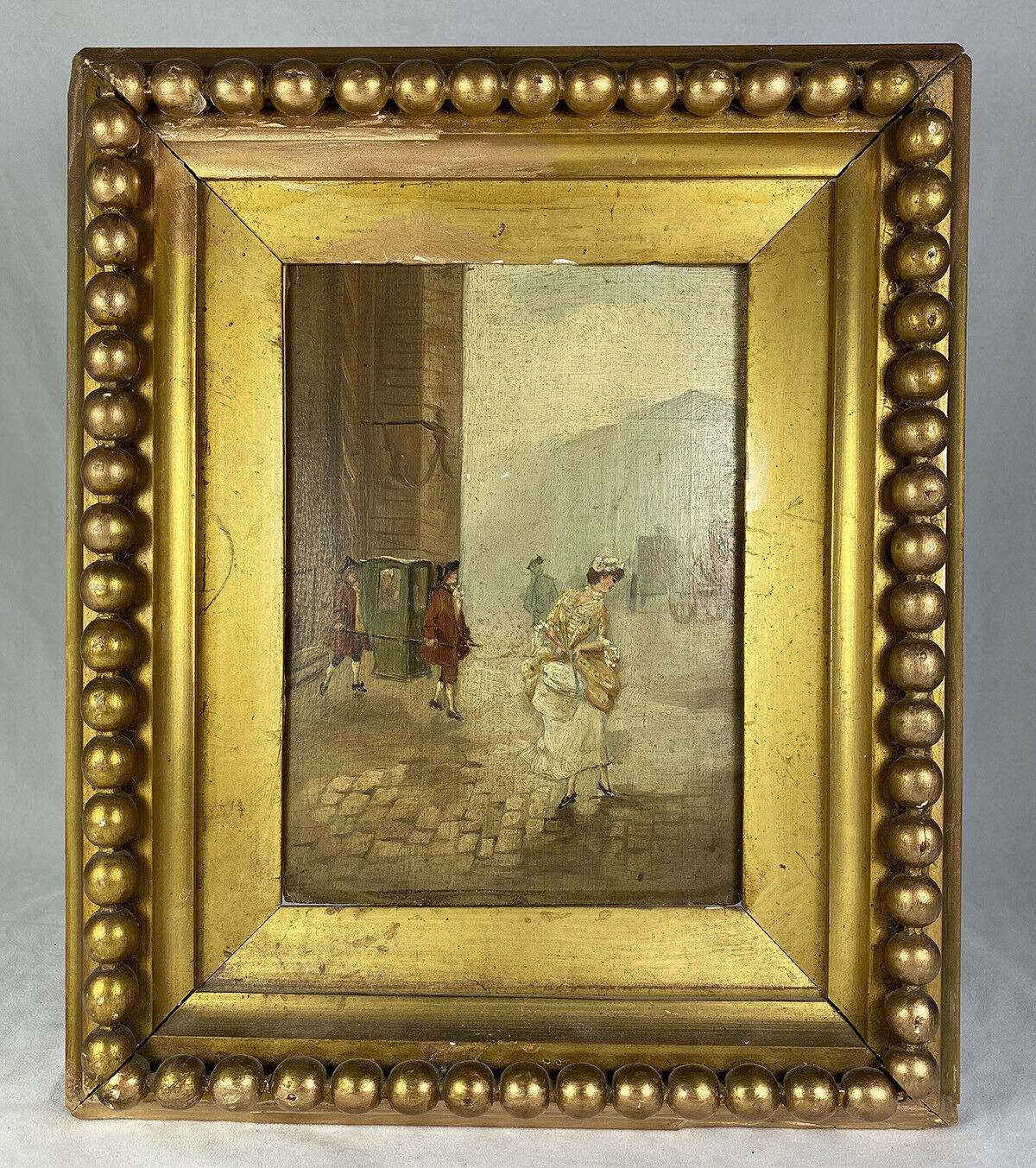 PAIR: Antique Oil Painting on Board, Original c.1870s Wood Frame, Gilt & Gadroon