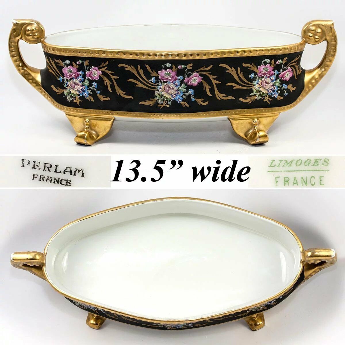 LG 13.5" Antique Hand Painted Limoges, France, French Centerpiece, Gold Enamel