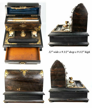 Antique English Coromandel Wood Upright Writer's Chest, Inkwells & Candle Stick