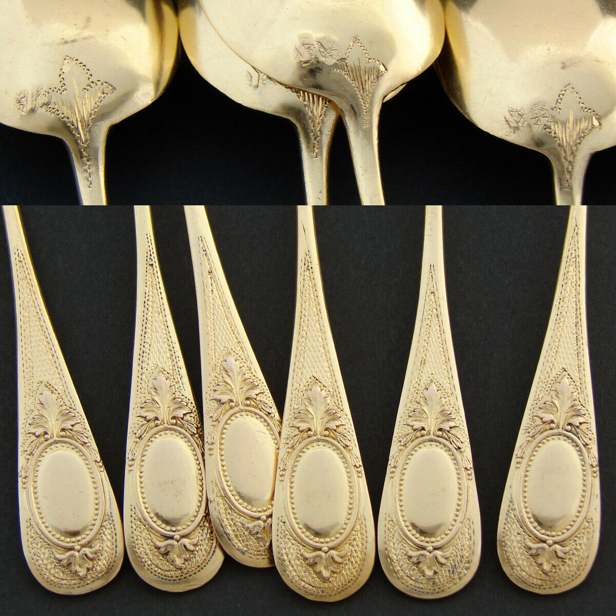 Antique French 18k Gold on Silver Vermeil 6pc Coffee or Teaspoon Set