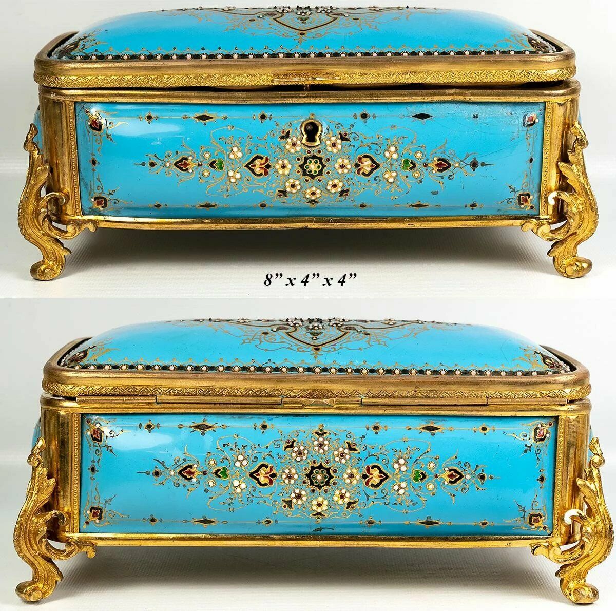 Superb LRG Antique French Kiln-fired Enamel 8" Jewelry Box, Casket, Sevres